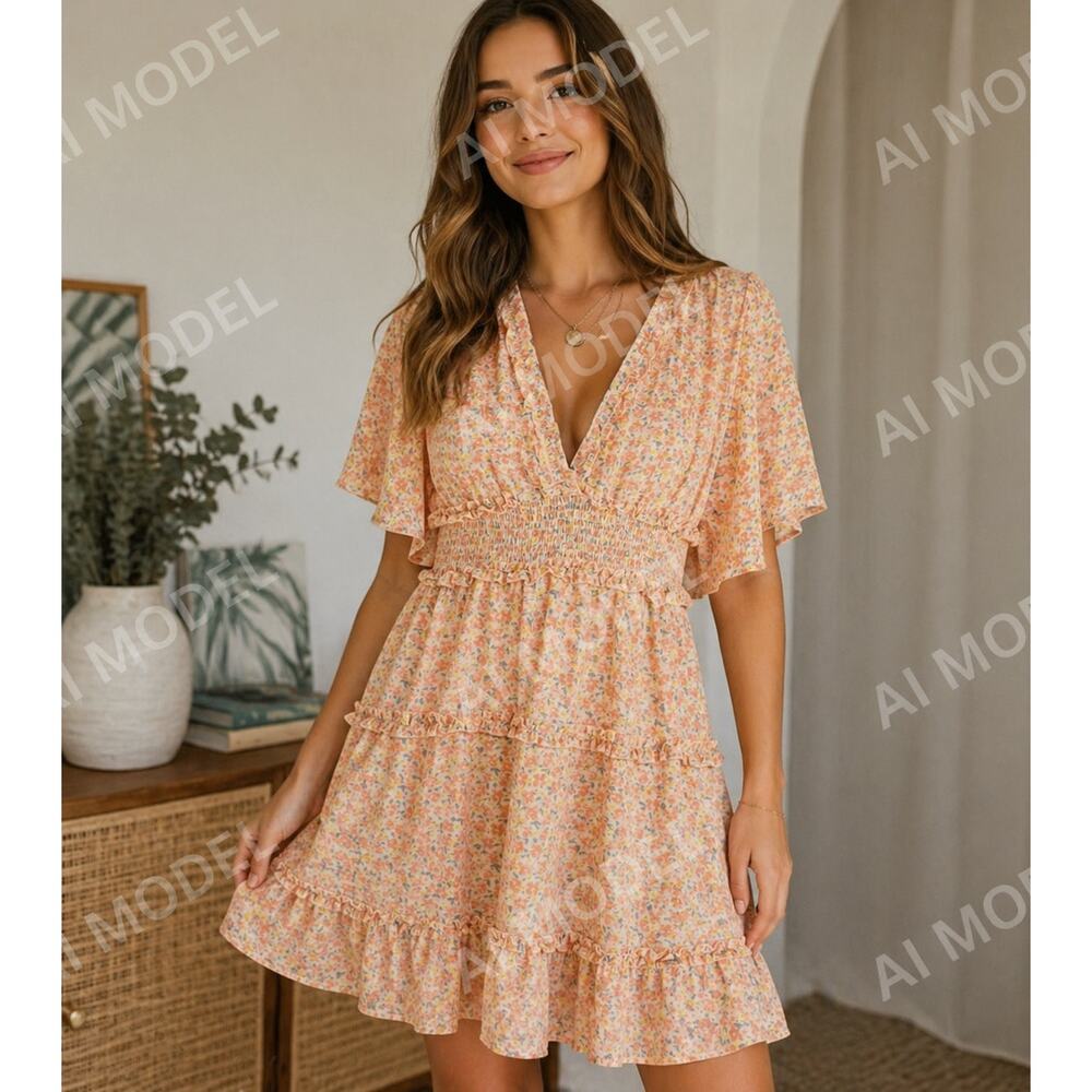 Kilky Paris‎ Floral Boho Mini Dress Peach Smocked Waist Ruffle Tiered V Neck
